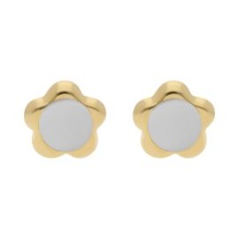 ARETE TIPO BROQUEL FLOR PERLA BLANCA ORO 14K STELLINA BEBÉS