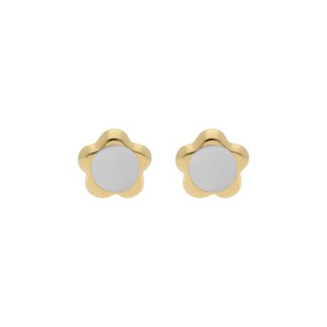 ARETE TIPO BROQUEL FLOR PERLA BLANCA ORO 14K STELLINA BEBÉS