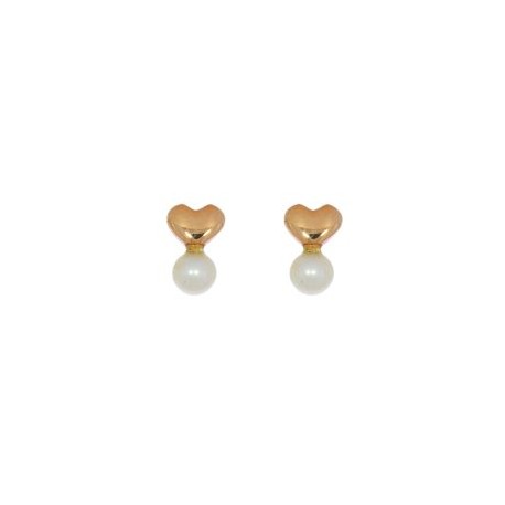 Aretes Corazón Oro 14k Con Perla Colgante Stellina Bebés