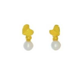 Aretes Corazón Oro 14k Doblado Con Perla Stellina Bebés