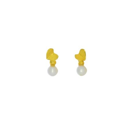 Aretes Corazón Oro 14k Doblado Con Perla Stellina Bebés