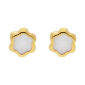 ARETES TIPO BROQUEL ORO 14K FLOR STELLINA BEBÉS