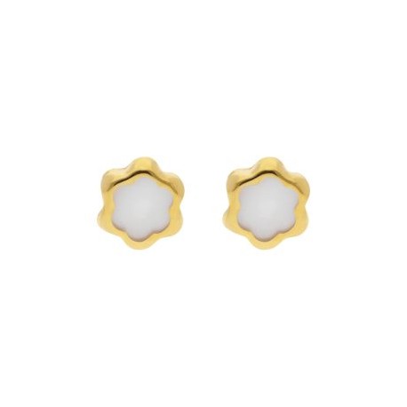 ARETES TIPO BROQUEL ORO 14K FLOR STELLINA BEBÉS