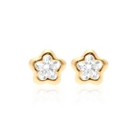 ARETES TIPO BROQUEL ORO 14K FLOR ZIRCONIA BLANCA STELLINA CH