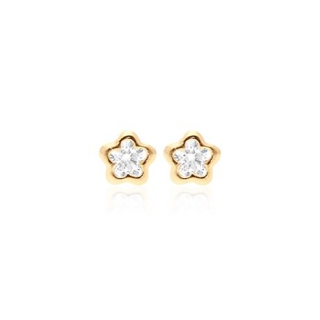 ARETES TIPO BROQUEL ORO 14K FLOR ZIRCONIA BLANCA STELLINA CH