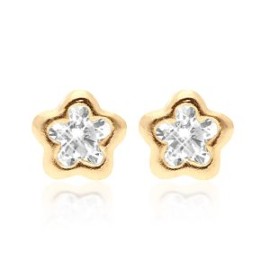 ARETES TIPO BROQUEL ORO 14K FLOR ZIRCONIA BLANCA STELLINA MED