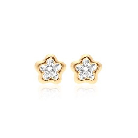 ARETES TIPO BROQUEL ORO 14K FLOR ZIRCONIA BLANCA STELLINA MED