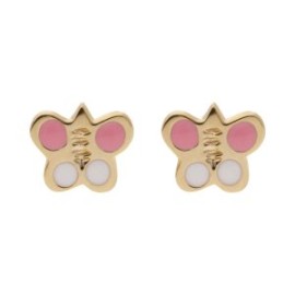 ARETES TIPO BROQUEL ORO 14K MARIPOSA ROSA STELLINA BEBÉS