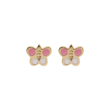 ARETES TIPO BROQUEL ORO 14K MARIPOSA ROSA STELLINA BEBÉS